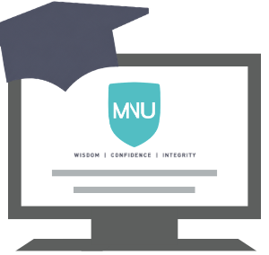 A graduation cap is placed on top of a computer monitor displaying a certificate or diploma from MWU with the words "Wisdom," "Confidence," and "Integrity.