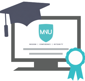 An online educational certificate with a graduation cap, displaying the "MNU" logo and the words "Wisdom, Confidence, Integrity.